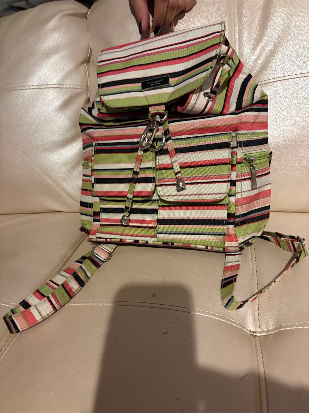 kate spade Multicolor Striped Canvas Mini Backpack - Pink Green Black Cream